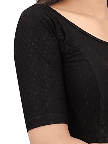 SAGIBO Round Neck Dobby Cotton Lycra Stretchable Elbow Sleeve Readymade Saree Blouse for Women Stylish