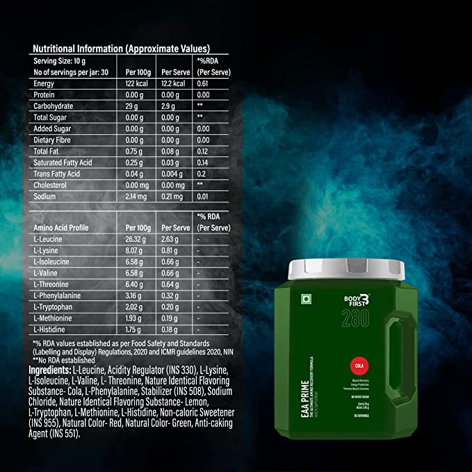 Body First Essential Amino Acids Prime - The Ultimate Amino Recovery Formula Containing 6.29g Eaa With 3.95g Bcaa For Muscle Building, Recovery, Strength, Energy & Endurance, Green Apple, 30 Servings