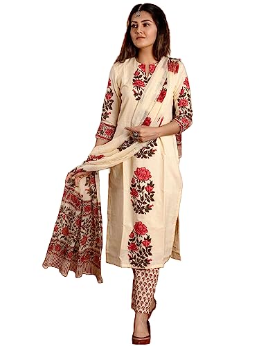 GoSriKi Women's Rayon Blend Straight Printed Kurta with Pant & Dupatta (Actual-Cream-GS_L_Cream_Large)