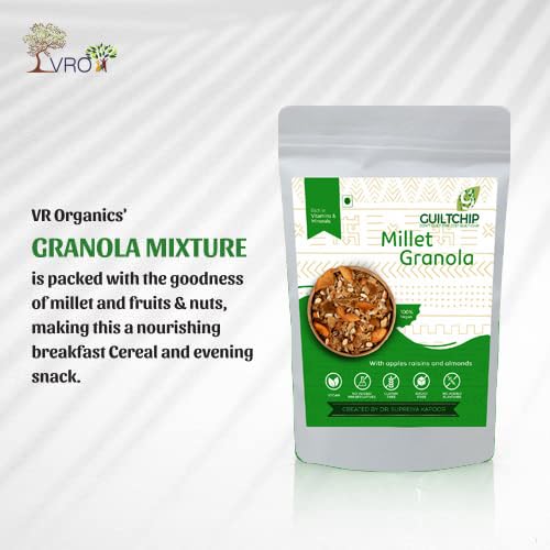 Vr Organics Millet Granola with Apple Raisins Almonds | Gluten - Free | Rich in Fibre | BreakFast Cereal | Fruits & Dry fruits | Natural Ingredients | Evening Snack| Natural Immunity Booster | 190 g