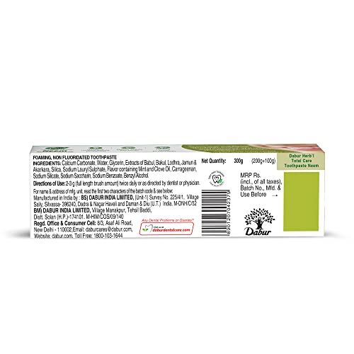 Dabur Herb'l Neem 300g (200g + 100g) - Germ Protection Toothpaste with No added Fluoride and Parabens