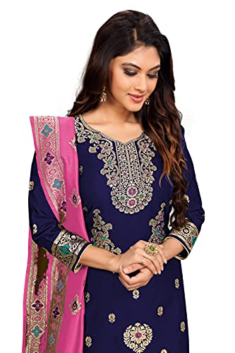 PANASH TRENDS Women's Jacquard Silk Salwar Suit Unstitched (Blue)