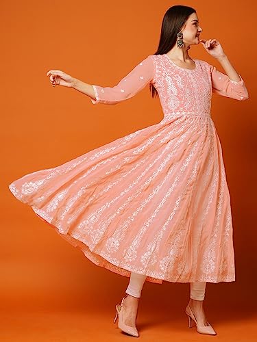 ANNI DESIGNER Women's Georgette Chikankari Embroidered Anarkali Kurti (Kari Peach-GRT_XL_Peach_X-Large)