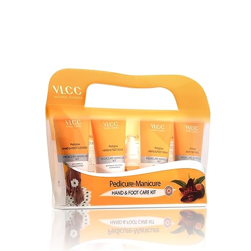 VLCC Pedicure - Manicure Hand & Foot Kit - 150g + 60ml | Remove Dirt, Impurities & Dead Skin Cells | Softens and Nourishes Hand and Feet | Combo of Oil, Cleanser, Scrub, Cream, Anti tan pack.