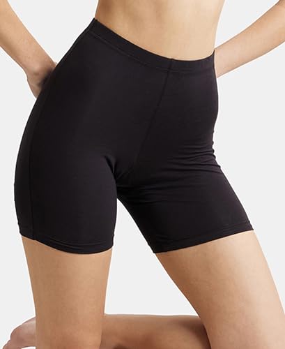 Jockey 1529 Women's High Coverage Super Combed Cotton Elastane Stretch Mid Waist Shorties with Concealed Waistband_Black_XXL