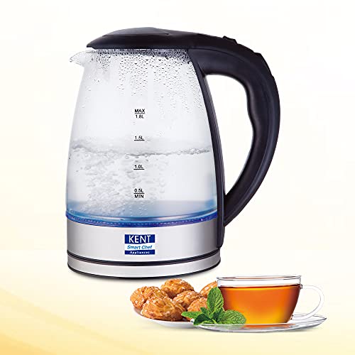 KENT Elegant Electric Glass Kettle (16052), 1.8L, Stainless Steel Heating Plate, Borosilicate Glass Body, Boil Drying Protection
