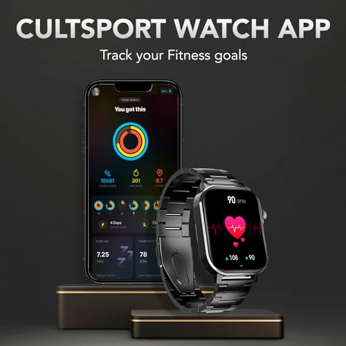 Cultsport Ace X Luxe 1.96" AMOLED Smartwatch, Premium Metallic Build Smartwatch, Always On Display, Bluetooth Calling, Live Cricket Score,Functional Crown(Luxe Black Steel)