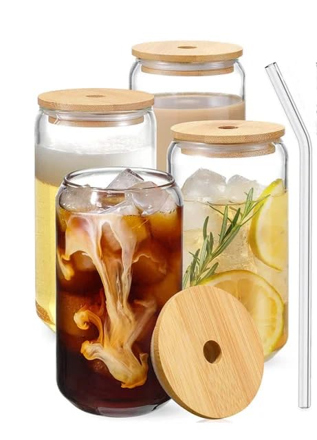 OM RADHEY Drinking Glasses with Bamboo Lid and Glass Straw Pack of 1, Beer Glass Tumbler Sipper for Mojito Soda Smoothies Whiskey Iced Coffee Cocktail Tea Juice (Heterx 1)