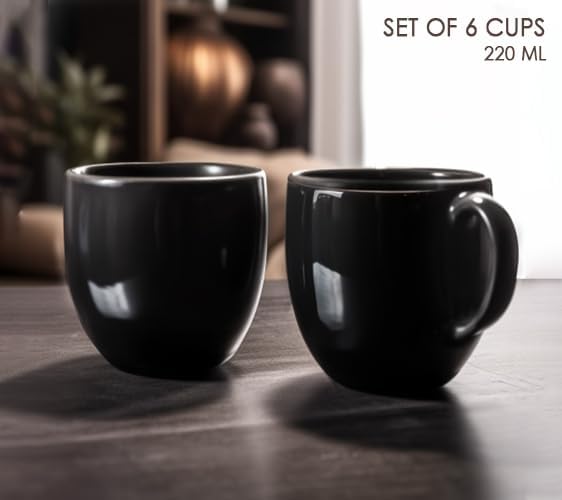 DINNERDINE All Black Glossy Ceramic Tea/Coffee Cup Set - 6 Handmade Ceramic Mugs (220ml) - Microwave Safe