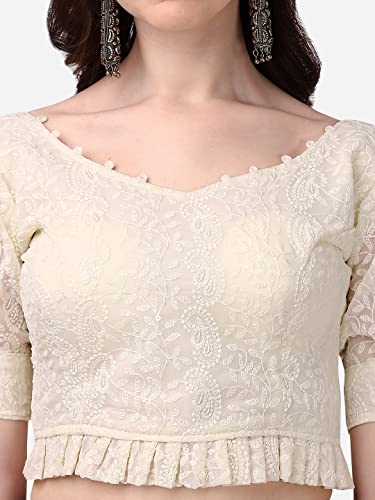 Pujia Mills Women's Georgett Lucknowi Embroidery Puff Sleeve Tie UP Blouse (Lucknowi Tie Off White 38)