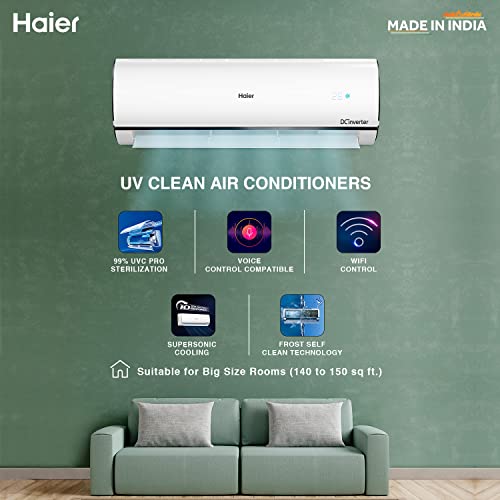 Haier 1.6 Ton 5 Star, WiFi, Inverter Split AC(Copper, Convertible 7 in 1 Cooling Modes, Antibacterial Filter, 2023 Model, HSU19U-PYFC5BE-INV, White)