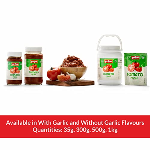 Priya Tomato Pickle with Garlic, 300g - Authentic Telugu Style Tamatar Achar |Traditional South Indian Taste| Homemade Andhra Pickles| With Tomato Pieces, Tamarind Paste & Mixed Spices| Glass Jar