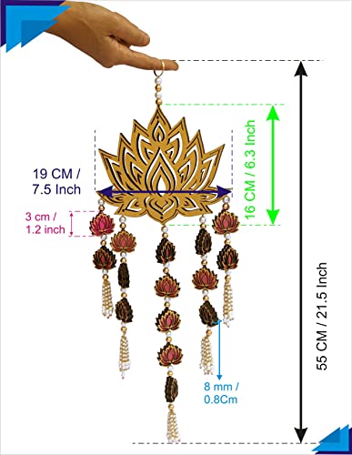 StepsToDo Lotus Flower Wind Chime with White Beads and Mini Lotus. Hand Made and Hand Painted. Golden Hanging Wooden Lotus for Wall and Window Decoration. (1)