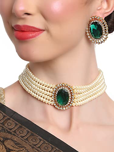 Shining Diva Fashion Latest Stylish Fancy Choker Traditional Pearl Necklace Jewellery Set for Women (12550s), Green, One