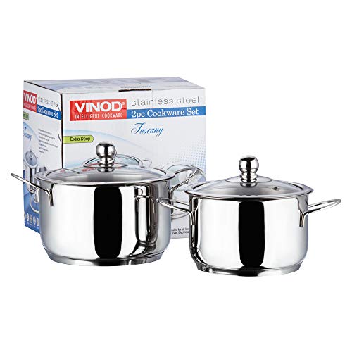 Vinod Tuscany Stainless Steel Casserole Set of 2 Pieces | Casserole with Glass Lid 2, 2.8 litre | Extra Deep, Dishwasher Safe, Less Energy | Gas & Induction Base | 2 Year Warranty