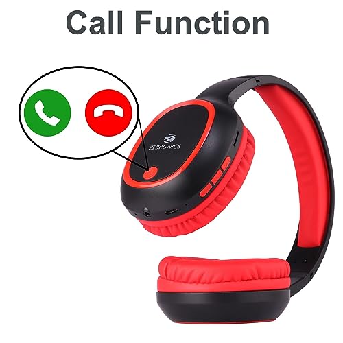 Zebronics Thunder 60 hrs Playback time Bluetooth Wireless Headphone with FM, mSD, Playback with Mic (Red)