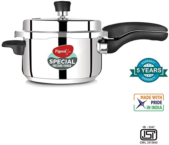 Pigeon By Stovekraft Special Stainless Steel Pressure Cooker with Outer Lid Induction and Gas Stove Compatible 2, 3, 5 Litre Capacity for Healthy Cooking (Silver)