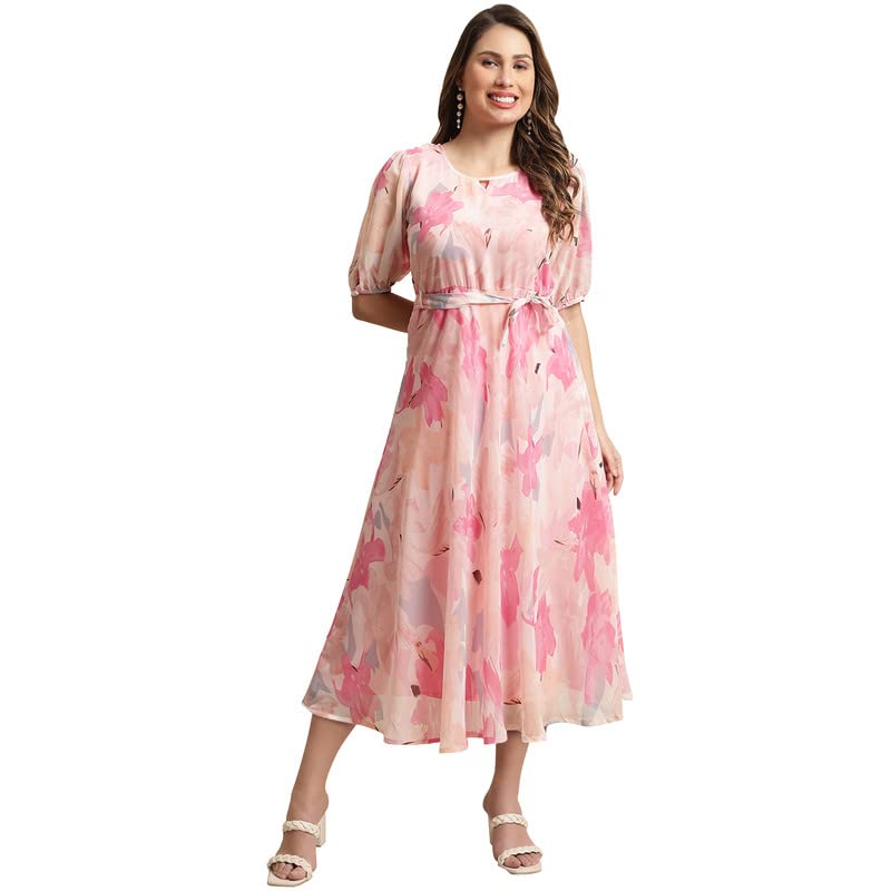 Preneum Women's Georgette a-line Knee-Long Dress Pink