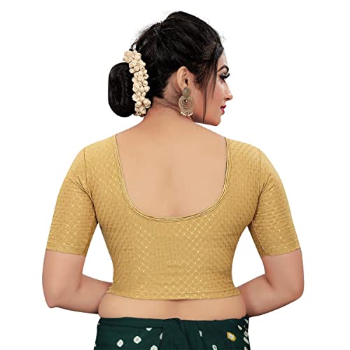 Sidhidata Round Neck Dobby Cotton Lycra Stretchable Elbow Sleeve Readymade Saree Blouse for Women Stylish (Free Size) (A Beige, Free Size-38-42)