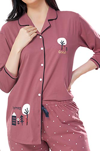 ZEYO Women's Cotton Dot Printed Brown Night Suit Set of Shirt & Pyjama 5242