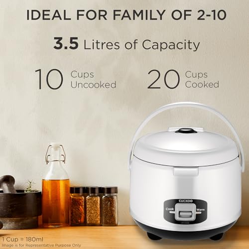 CUCKOO 3.5 Litre Electric Rice Cooker | 650 Watt | 10 Cups 1.2 Kg Uncooked Rice Capacity Serves 2-10 People | Nonstick Pot Keep Warm Function |Trusted Korean Brand | CR-1055 White & Black