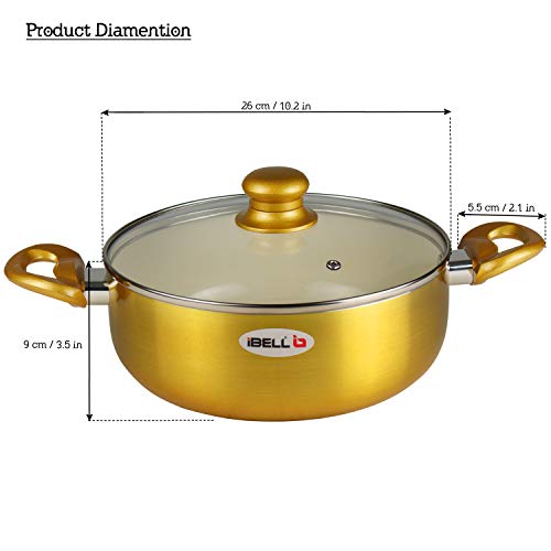 iBELL CS26C Ceramic Casserole 5.0 Litres with Glass Lid, Induction & Gas Compatible Cookware, 2.5mm Thickness, 3 Layer Ceramic Interior, Golden Finish