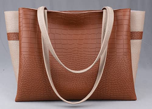 Carrylux Dual Tone Large Capacity Croco Pattern Tote Handbags Purses Shoulder Bag For Womens (Tan)