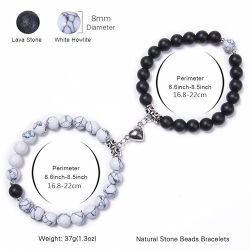 Fashion Frill Stylish Couple Bracelets Black & White Natural Stone Onyx Stretchable Wrist Band Heart Magnetic Bracelet For Women Men Boys Girls Love Gifts Friendship Bracelets