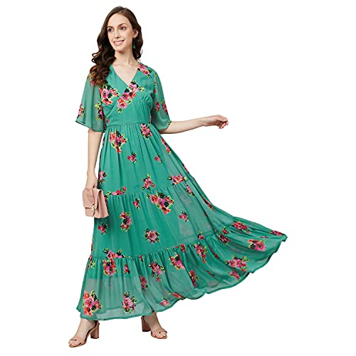 RARE Women's Georgette Fit and Flare Maxi Casual Dress (EP6216_Green_Medium)