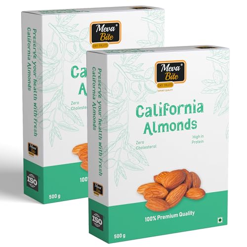 MevaBite 100% Natural Premium California Almonds - 1kg of Quality Badam Giri for Nutritious Delights - Real Nuts | High in Fiber Whole Natural Badam Dry Fruits 1kg | 500g x 2 - (Grade - Independence)