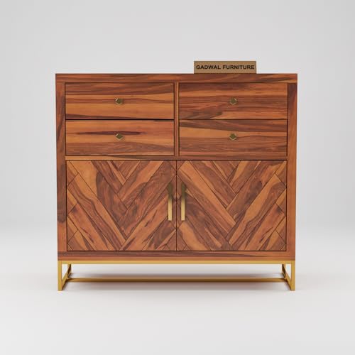 GADWAL FURNITURE Solid Sheesham Wood Wooden Cabinet Sideboard with 4 Drawers and 2-Door Storage (Honey)