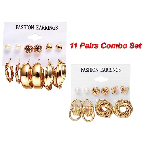 Shining Diva Fashion 11 Pairs Combo Set Latest Stylish Hoop Stud Earrings for Women and Girls (Gold) (14949er)