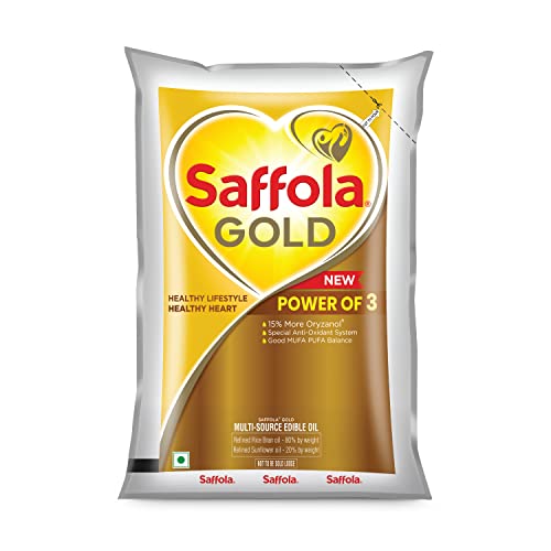 Saffola Gold Refined Oil|Blend of Rice Bran Oil & Sunflower Oil|Cooking Oil|Pro Healthy Lifestyle Edible Oil 1 Litre Pouch
