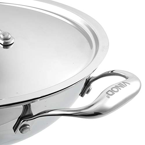 Vinod Coookware Platinum Triply Stainless Steel Kadai with Stainless Steel Lid 3.2 litres (26 cm Diameter), Induction and Gas Stove Friendly,Silver