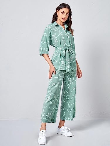 GRECIILOOKS Women Co Ord Set| Collared Self Belted Allover Print| Half Sleeve Shirt| Straight Shirt with Belt| Women Two-Piece Outfits| Summer Wear| Outdoor Wear (XX-Large, Light Green)