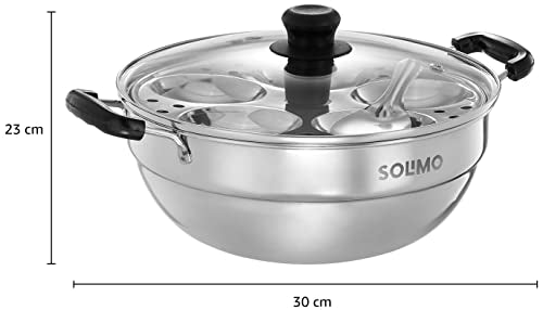 Amazon Brand - Solimo Stainless Steel Multi Kadai Induction Base, with Glass Lid & 2 Idli Plates