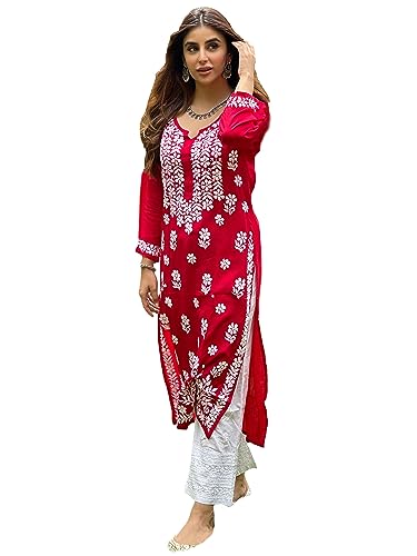 GoSriKi Women's Cotton Blend Straight Chikankari Embroidered Kurta (River RED-GS_L_Red_Large)