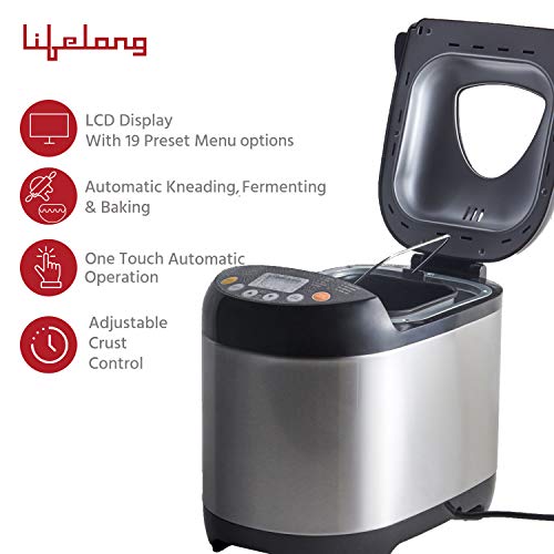 Lifelong Dough Maker & Bread Maker Machine for Kitchen - 550W Fully Automatic Dough Maker Machine - 19 Pre-Set Menu with Adjustable Crust Control & LCD Display- Flour Kneading Machine for Home (Black)