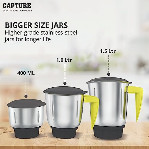 Havells Capture 500W 3 Jar Mixer Grinder, High Speed 21000 RPM Motor, 304 SS Blades, 5 Years Motor Warranty with Overload Protector, 1.5 Ltr Bigger Size Blending Jar I (Grey & Green)