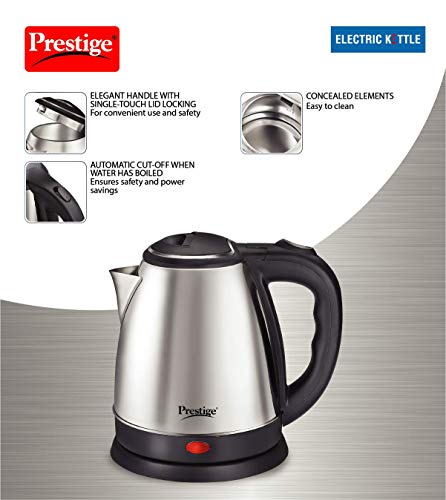 Prestige 1.5 Litres Electric Kettle (PKOSS 1.5)|1500W | Silver - Black| Automatic Cut-off | Stainless Steel | Rotatable Base | Power Indicator | Single-Touch Lid Locking