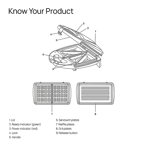 Wipro Vesta BS 301 3-in-1 Detachable 750 Watt Sandwich Maker |Triple Function - Toast, Grill & Waffle|Non Stick BPA & PFOA Free|Auto Temp Cut-off|2 Year Warranty| Regular Bread Size