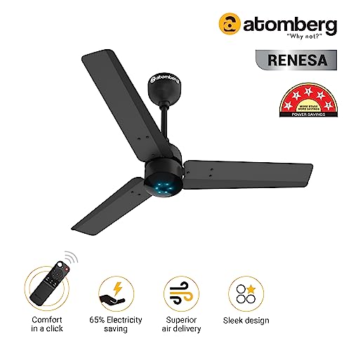 atomberg Renesa 900mm BLDC Motor 5 Star Rated Sleek Ceiling Fans with Remote Control | Upto 65% Energy Saving, High Air Delivery and LED Indicators | 2+1 Year Warranty (Midnight Black)