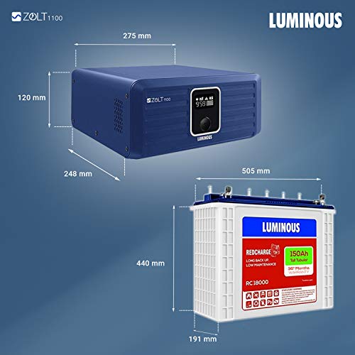 Luminous Inverter & Battery Combo with Trolley for Home, Office & Shops (Zolt 1100 Sine Wave Inverter, RC 18000 150 Ah Tall Tubular Battery)