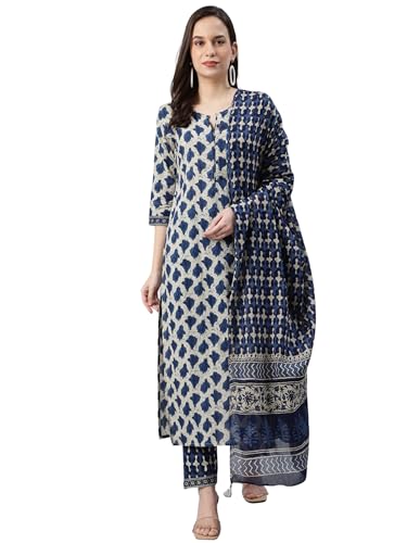 Vaamsi Women's Cotton Blend Floral Block Printed Straight Kurta Pant With Dupatta (VKSKD1099_Off-White_M)