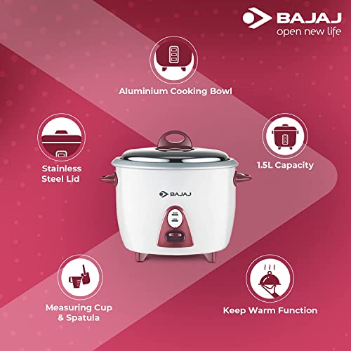 Bajaj Majesty New RCX 3 Multifunction Rice Cooker with Keep Warm Function, 1.5 Liters, 350W, White and Pink