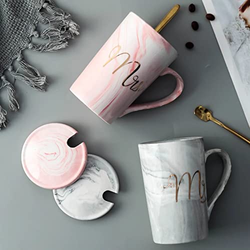 CPENSUS Ceramic Marble Finish Coffee Mug With Lid & Spoon For Anniversary Wedding Engagement Valentine Gifts For Couple Teachers Women Men Husband Wife With Gift Box (Mr & Mrs Mugs), 380 milliliter