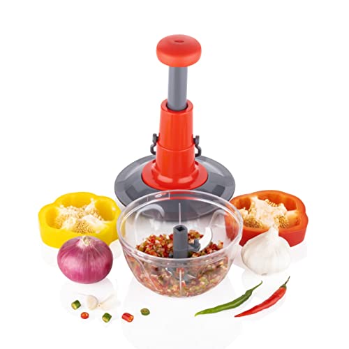 Tosaa Manual Press Fruit & Vegetable Chopper, with 3 Stainless Steel Blades, 1 Whisker, Anti-Slip Base, and Locking System, 500 ml, Color May Vary