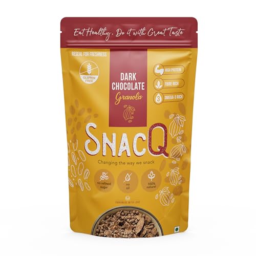 SnacQ Dark Chocolate Granola - 350 Grams (Pack of 1) | Tasty, Healthy and Convenient Breakfast | Gluten Free, No Oil, No Preservatives | 100% Healthy Dark Chocolate Almond Granola