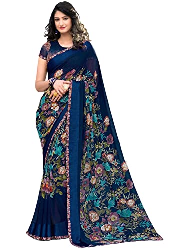 GoSriKi Women's Georgette Blend Printed Saree With Blouse Piece (MAHA-BLUE-GS_Blue_Free Size)