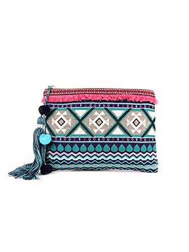 ASTRID 20 Cms Blue Cotton Makeup/Travel Pouch with Tassels
